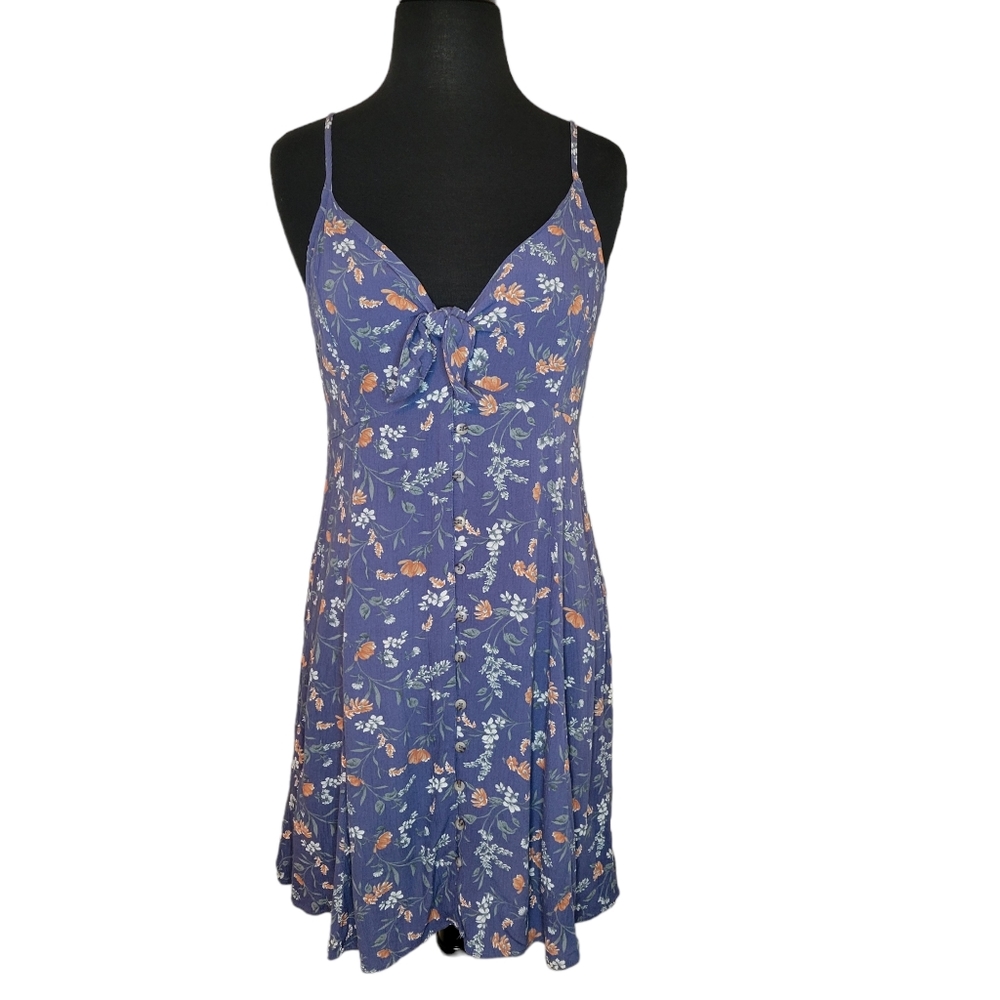 American Eagle Floral Button Front Tie Mini Dress Y2K  Coquette Blue Purple Med